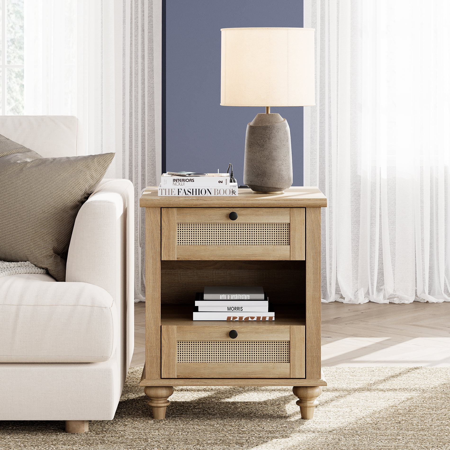 Rattan Night Stand with Charging Station, 20 Inch Vintage End Table with 2 Drawers for Bedroom, Living Room, Antique Oak