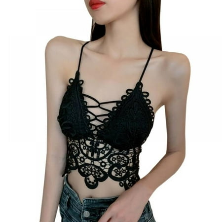 

[Big Clear!]Summer Camisole Vest Lace Bandeau Bra Lace Bralettes for Women Padded Wirefree Bra Deep V Neck Lace Longline Bralette