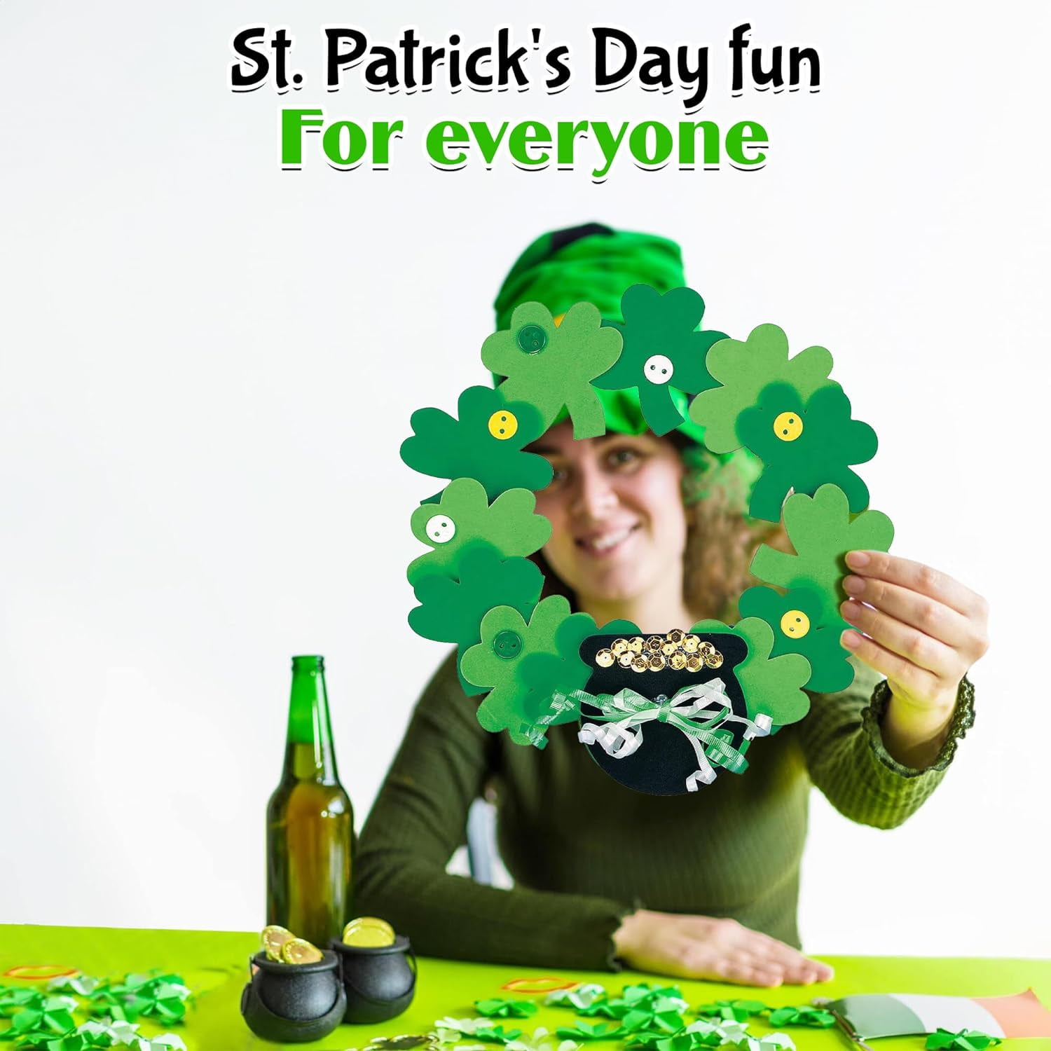 Fun Express 12 Pieces Foam Shamrock Wreath Craft Kit, St. Patrick's Day Crafts for Kids