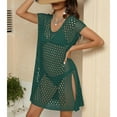 thumbnail image 4 of SWSMCLT Women's Crochet Cover Up Beach Beachwear Light Sun Protection Cover Up Dress V Neck Spring Short Sleeve Dark Green Small-X-Large, 4 of 4