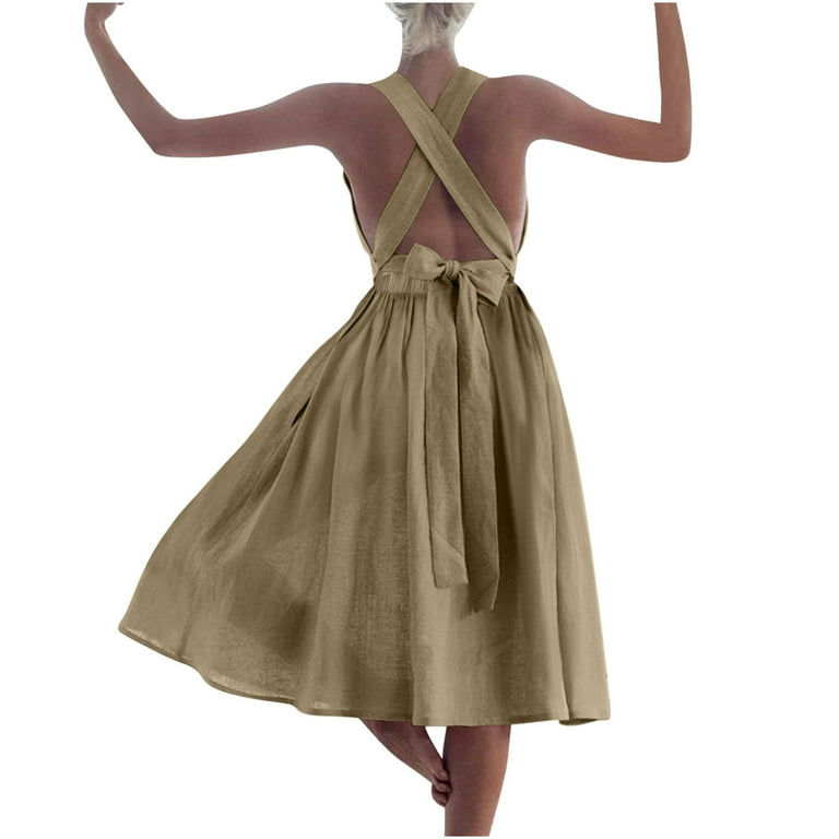 Casual Summer Dresses for Women, Womens Summer Sexy Strap Pleated Solid Sleeveless And Linen Backless Strapless Dress(Khaki,S) - Walmart.com Casual Summer Dresses for Women, Womens Summer Sexy Strap Pleated Solid Sleeveless And Linen Backless Strapless Dress(Khaki,S) - Walmart.com
