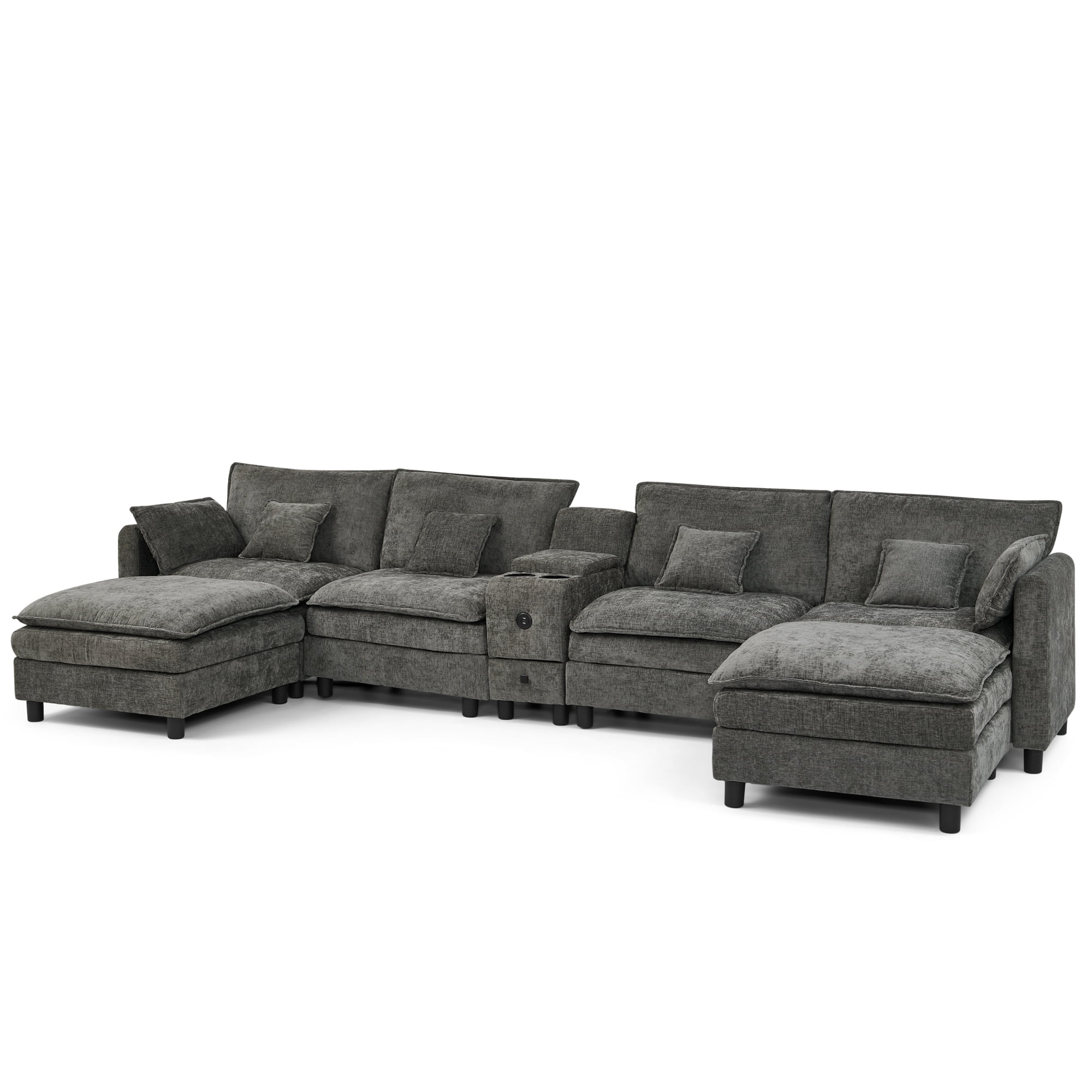 Modular U-Shaped Sectional Sofa with Reversible Chaise, USB Charging Ports & Storage Drawer, 6-Seater Sofa Couch with Flip-Top Cup Holder Console, Arm Pockets & Detachable Cushions