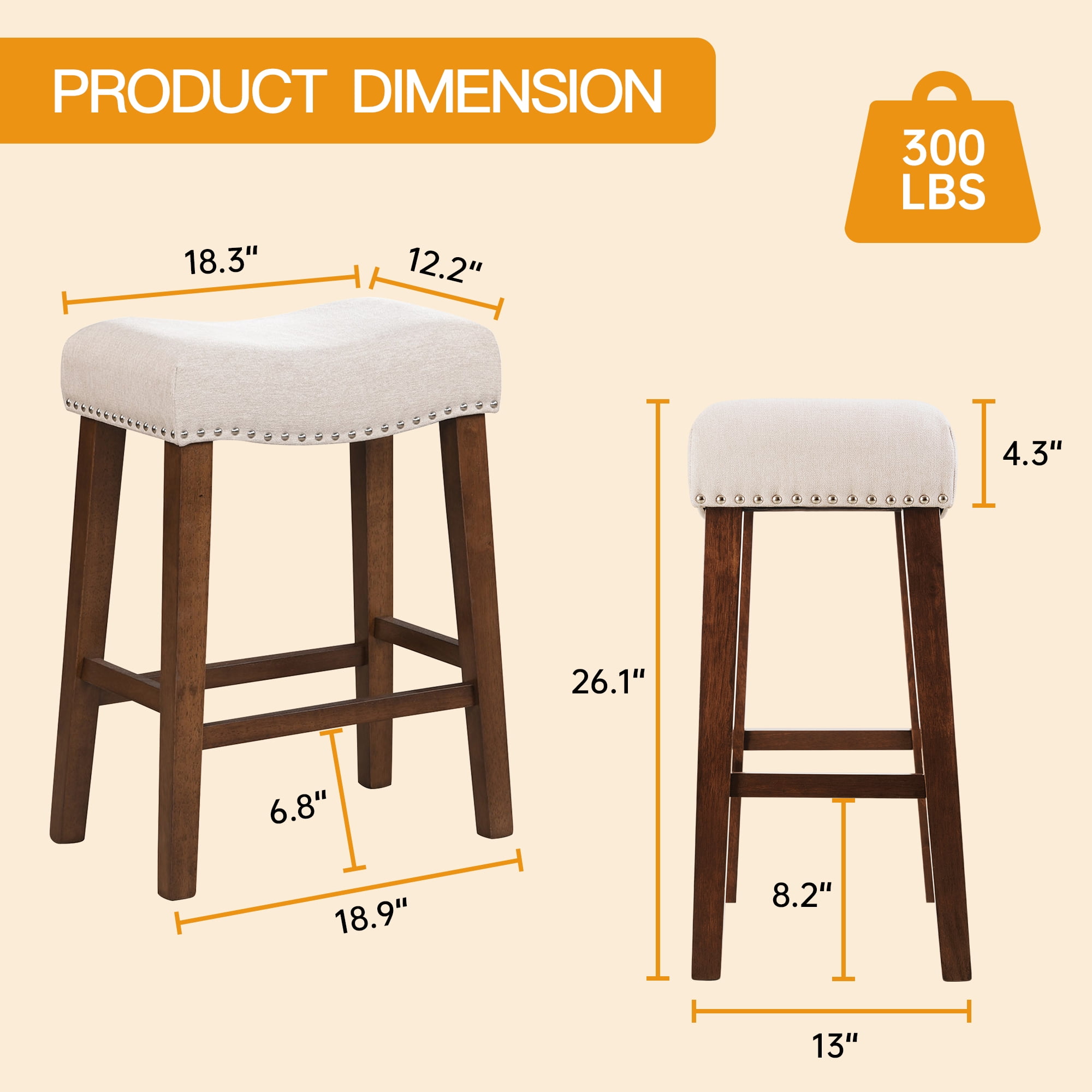 TrumanPick 26" Bar Stools Set of 2 Counter Height Stools Modern Kitchen Island Saddle Barstools Fabric Chairs with Footrest, Beige