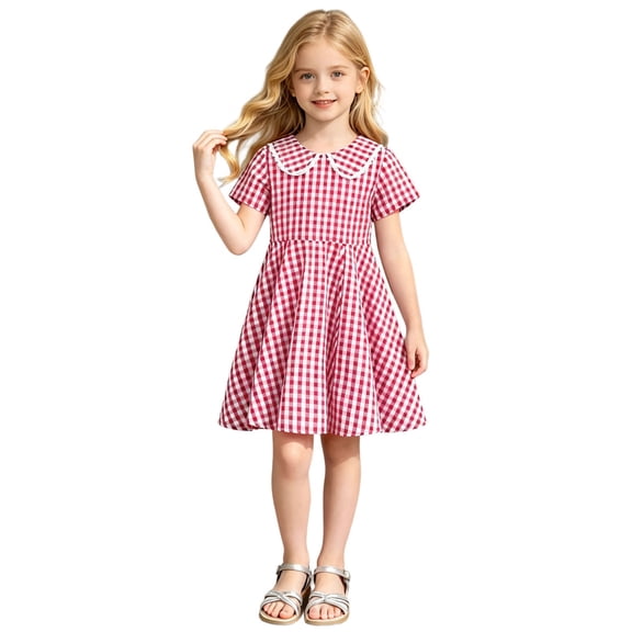 REDARER Girls Gingham Plaid Dress Lace Flutter Collar Short Sleeve Gathered Waist Flared Swing Summer School Kids Casual Sundress,13-15 Years
