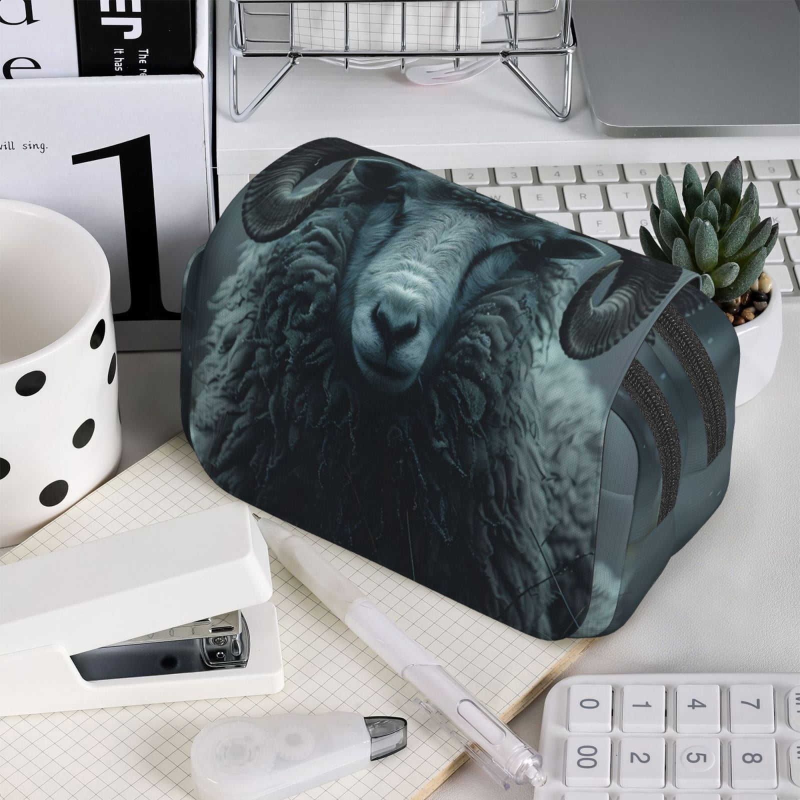 Rateoe Moody Ram Portrait Pattern Double Clamshell Pen Case, Storage Organizer with Two Zipper Compartments– Holds Up to 50 Pencils & Pens
