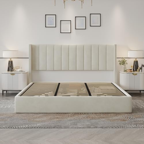 Velets Oliver Tufted Platform Bed With Storage - Queen Size Velvet Bed Frame With Wingback Headboard