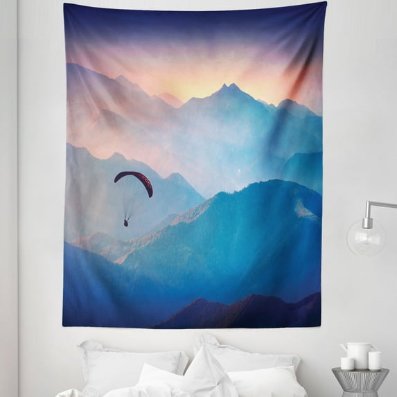Nature Tapestry, Paraglide Flying over Majestic Mountains Morning Valley Sunrise Sports Freedom Theme, Fabric Wall Hanging Decor for Bedroom Living Room Dorm, 5 Sizes, Blue Pink, by Ambesonne