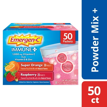 - Emergen-C Immune+ Vitamin C Drink Mix Variety Pack, Super Orange & Raspberry, 50 Ct