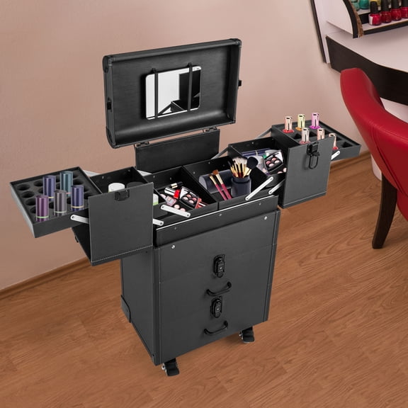 Professional Rolling Makeup Train Case with Lock and Key for Salon Wedding Travel