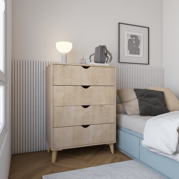 Falkk Furniture - Modern Tall 4-Drawer Dresser - Natural Wood