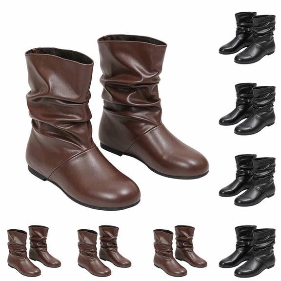 Goodw7 Womens Flat Ankle Booties, Soft Leather Pull-on Short Boots with Slouchy Shaft, Comfortable Casual Walking Shoes for Fall Winter Daily Wear