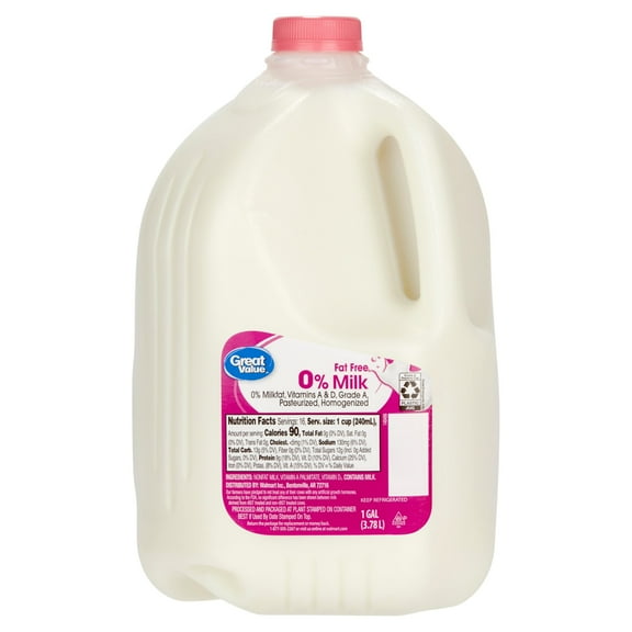 Great Value Fat-Free Milk Gallon, Plastic, Jug, 128 fl oz
