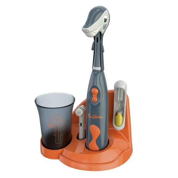 Brusheez Kids’ Electric Toothbrush Set - Safe & Effective for Ages 3  - Parent Tested & Approved with Gentle Bristles, 2 Brush Heads, Rinse Cup, 2-Minute Timer, & Storage Base (Shadow the Shark)