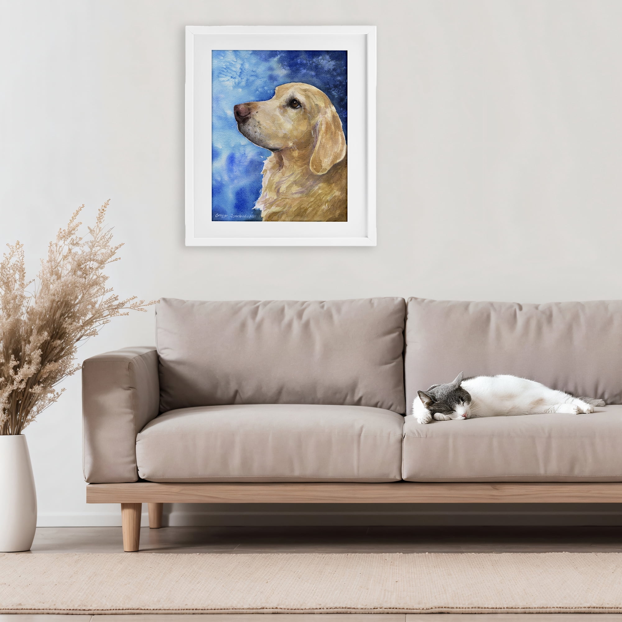 Stupell Industries Golden Retriever Portrait on Azure White Framed Print Under Glass, design by George Dyachenko