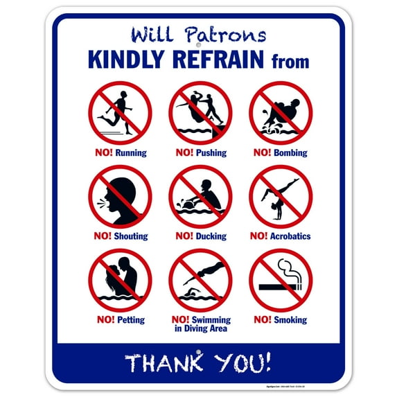 Pool Rules Sign, No Running No Pushing No Smoking,