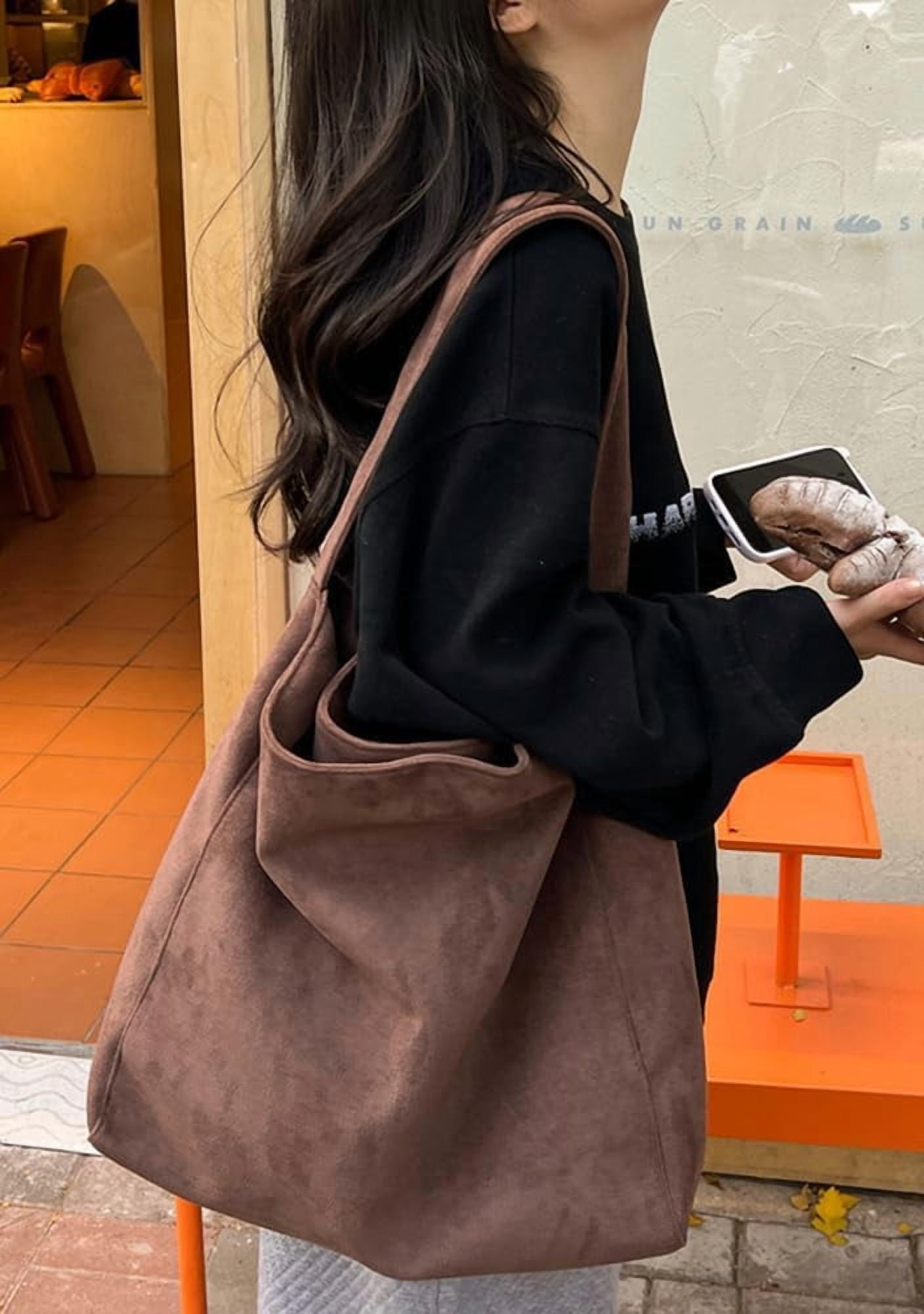 Lohol Large Suede Tote Bag For Women Slouchy Shoulder Bags Suede Purses Women’s Satchel Bag Work Handbag Crescent Bag Travel Winter(Coffee)