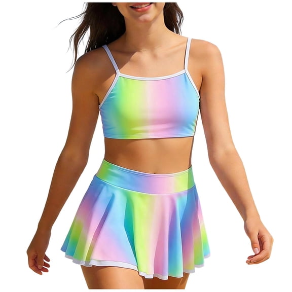 Agkizg Girls Three Piece Swimsuit Set with Chest Pad Skirt Style Swimwear for Kids Youth Teens Beach Pool Swimming