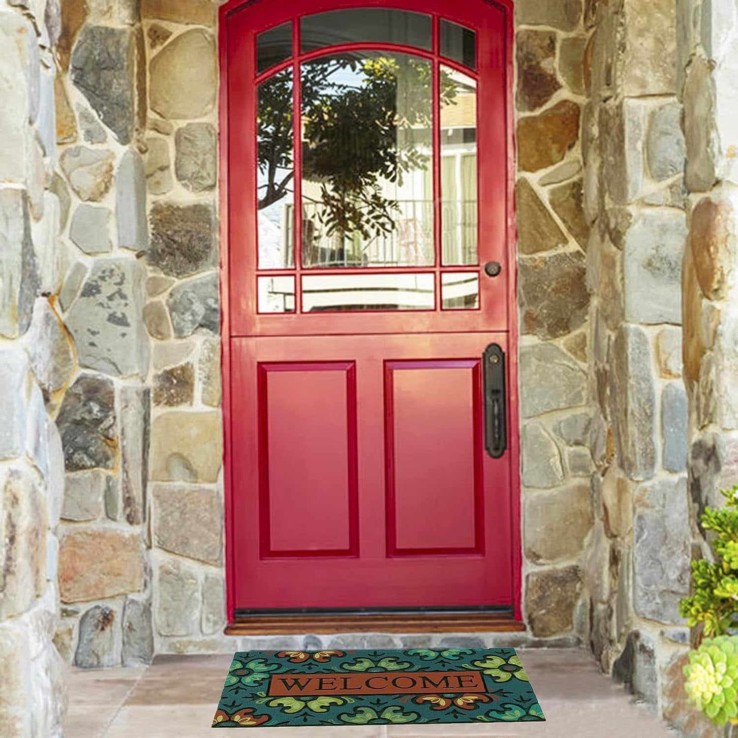Door Mat Welcome Mat 18x 30 Inch Front Door Mat Outdoors for Home Entrance Outside Entry Way Doormat, Heavy Duty Non Slip Rubber Back Low Profile, Flower Welcome