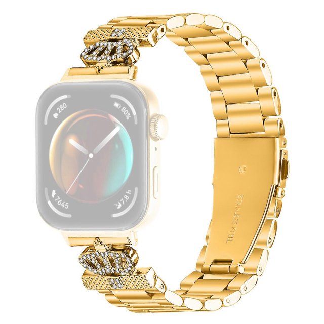 For Huawei Watch Fit 3 Stainless Steel Strap Crown Shape Rhinestone Decor Watch Band - Black
