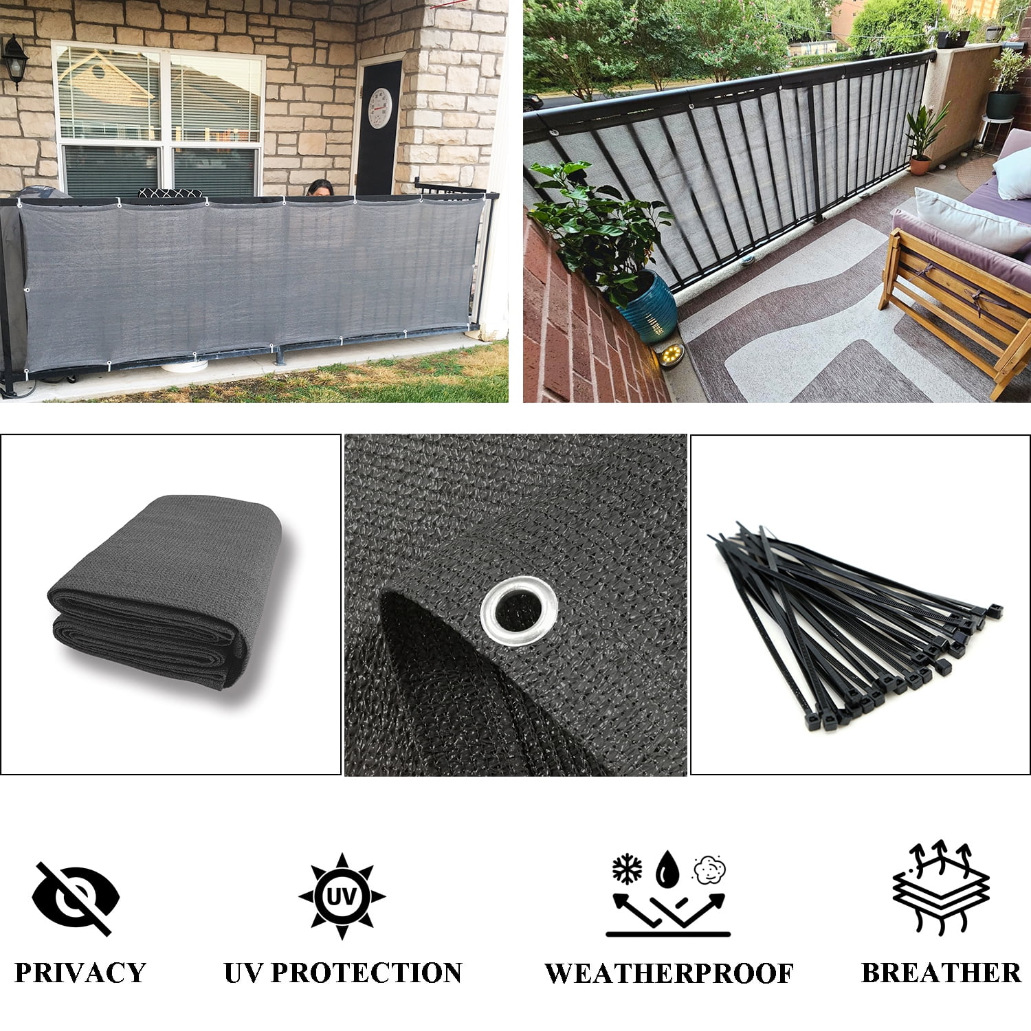 LOVE STORY 3' x 10' Balcony Privacy Screen Fence Cover Mesh for Deck Patio Porch Railing, Charcoal