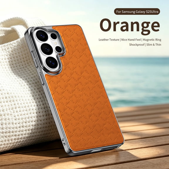 Sanwo for Samsung Galaxy S25 Ultra Case,PU Leather Hard PC Cover with Magnetic Compatible Design,Slim Shockproof Protective Case, Anti-Scratch,Orange