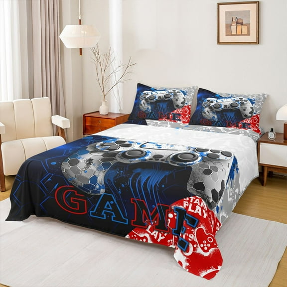 Feelyou Video Gamer Gamepad Twin Sheet Sets, Blue Red Watercolor Splatter Twin Fitted Sheet, Honeycomb Abstract Flat Sheet, Lightweight Room Decor, 3-Piece