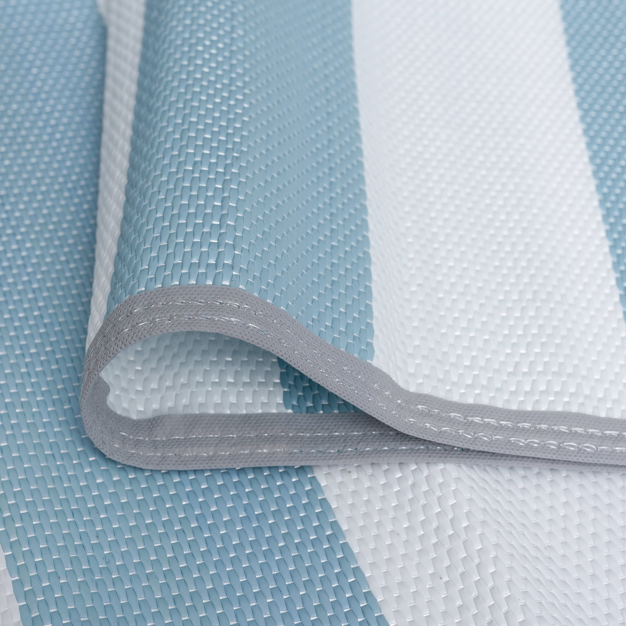 Luna Contemporary Stripe Aqua and White Polypropylene Reversible Plastic Straw Outdoor Area Rug, 5' x 6'11'' Rectangle