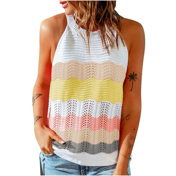 Women's Sleeveless Knitted Sweater Tank Tops Colorblock Round Neck Soft Comfy T Shirts Tanks Blouses for Women