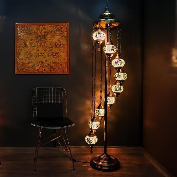 Asylove Turkish Lamp 9 Globe Mosaic Floor Lamp Mosaic Standing Lamp 9 Globe Mosaic Moroccan Lamps Floor Lamp For Decorative Home Designs Offer 5 Inch Globe - Total Height 70 Inch (Yellow)