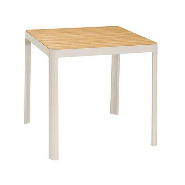 Armen Living LCPLBTWH Portals Outdoor Square Bar Table In Light Matte Sand with Natural Teak Wood Top