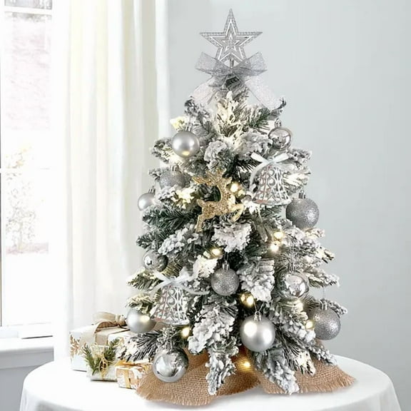 Mini Christmas Tree Prelit, Small Artificial Christmas Tree with Lights, Pre Lit Little Decoration for Table Top Home Cafe Office, Snow Flocked-22 Inch