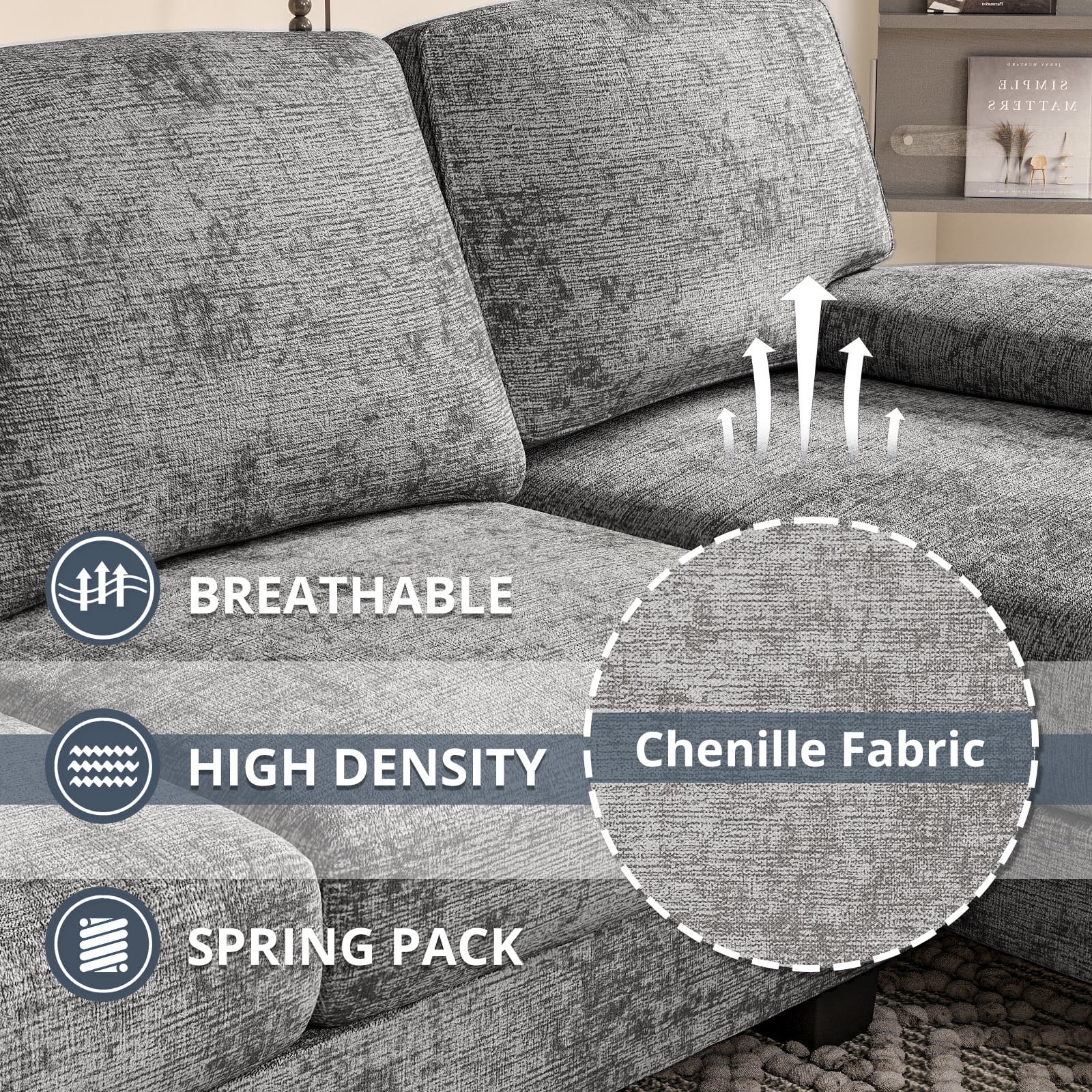 Furmax U-Shaped Sectional Sofa with Chaise, 4 Seats Chenille Fabric Sofa for Living room, New Gray