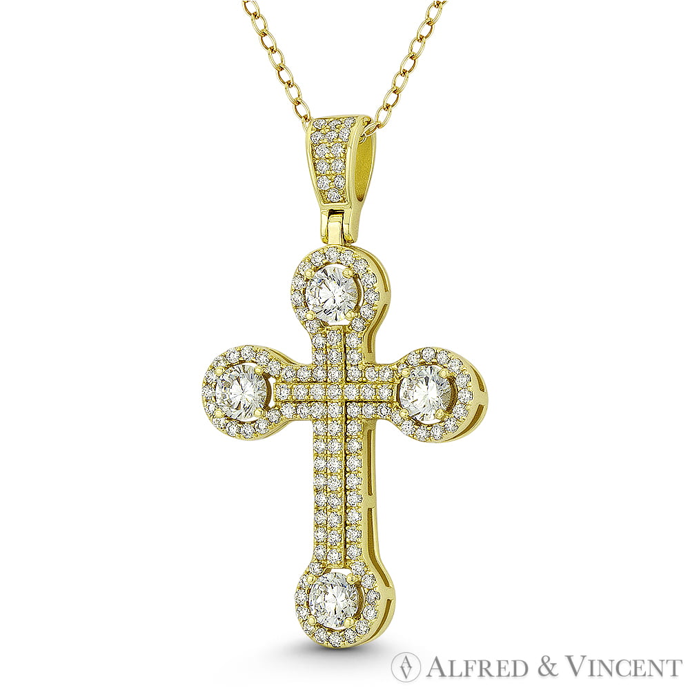 Sterling Silver Yellow Pave Round Cubic Zirconia Cuban Cross 18 Necklace 