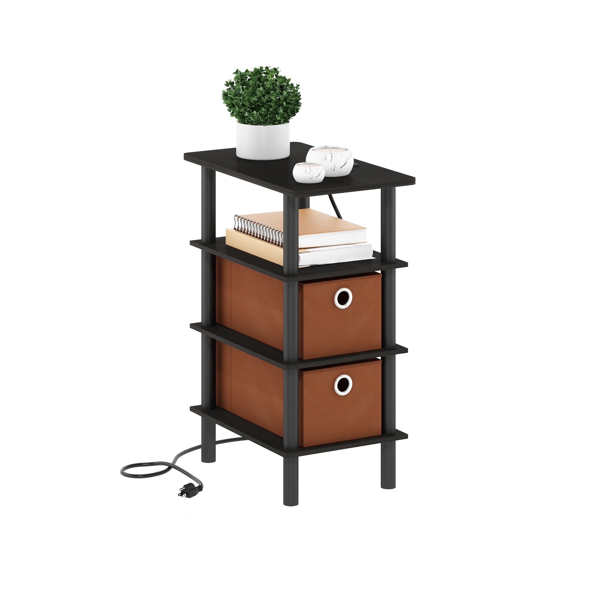 Furinno Turn-N-Tube 4-Tier Side Table, End Table, Nightstand with Bin Drawers, USB and Type-C Charging Port, Espresso/Black/Brown