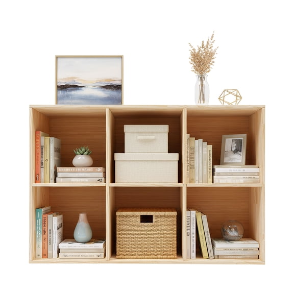 Solid Wood Bookcase 6 Compartments Cube Shelves Floor-Mounted Bookshelf for Home Office