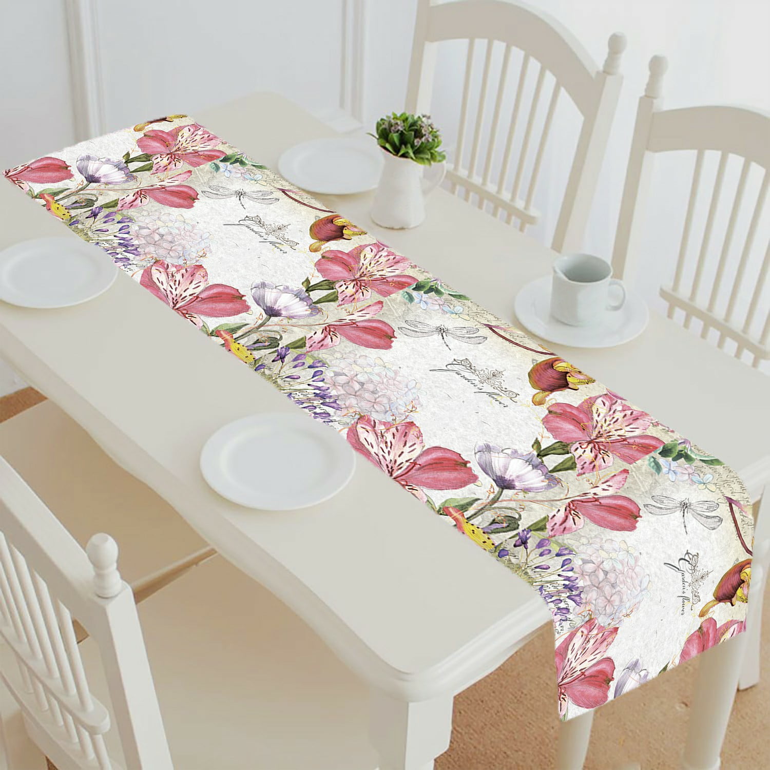 ECZJNT Vintage Floral Spring Garden Dragonfly table runner table cloth ...