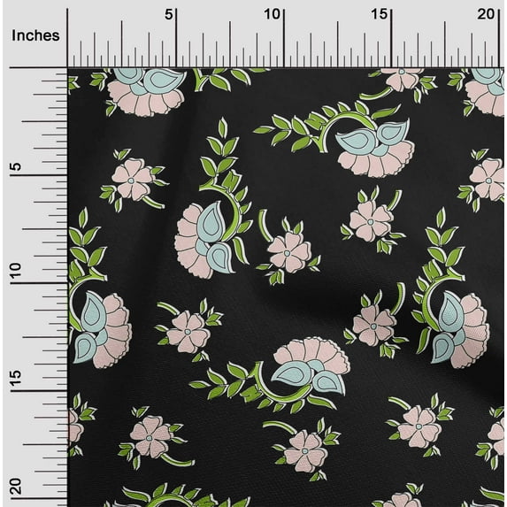 oneOone Cotton Silk Black Fabric Leaves & Flower Floral Quilting Supplies Print Sewing Fabric By The Yards 42 Inches Wide