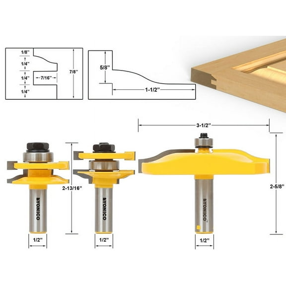 Yonico 3 Pc. Rail & Stile and Panel Raiser Router Bit Set - Large Ogee - 12337