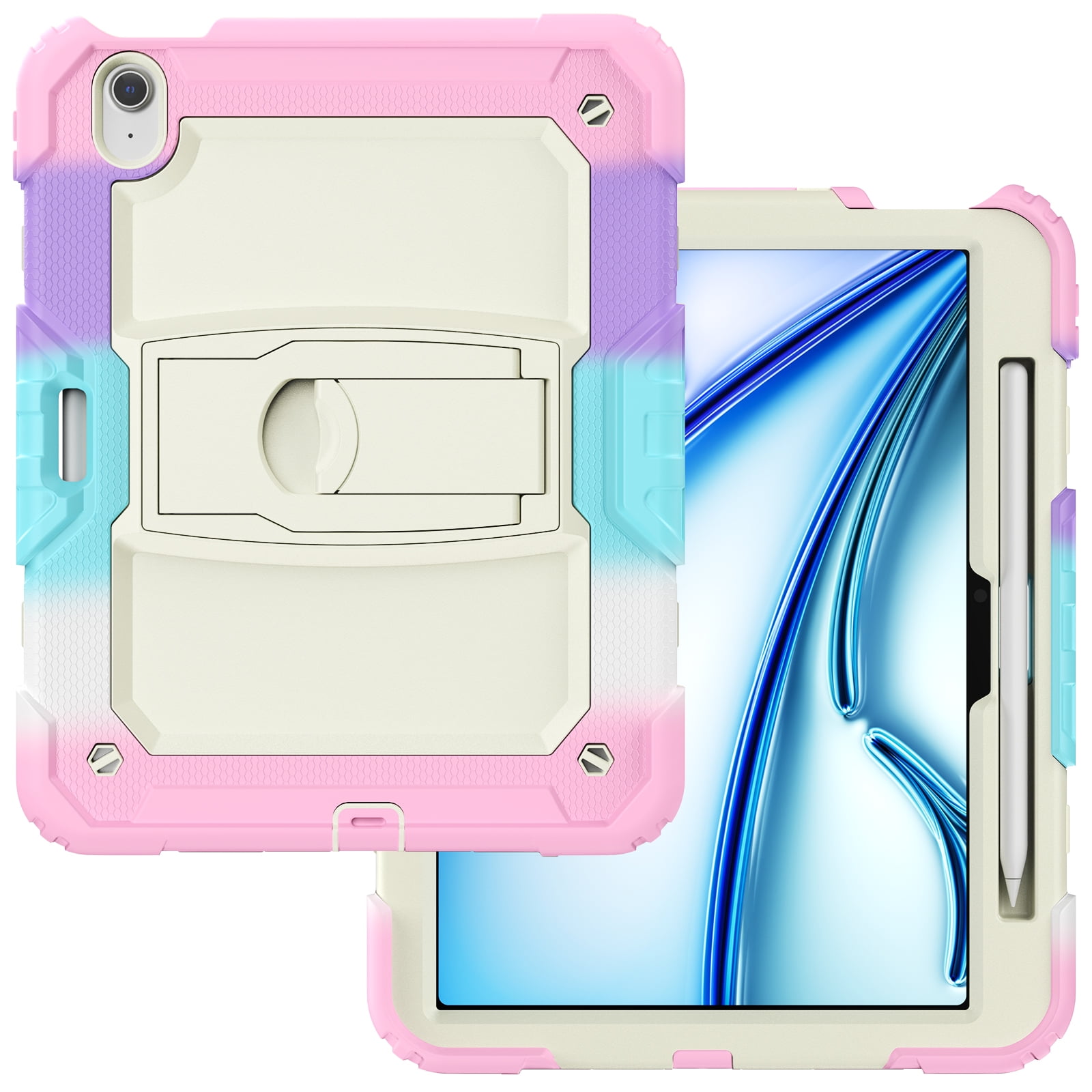 Rugged Case For Apple iPad Air 11 (2024) – 3-Layer Protection Shockproof Stand Cover with Screen Protector, Adjustable Stand, Shoulder Strap, & Pencil Holder -- Colorful Pink