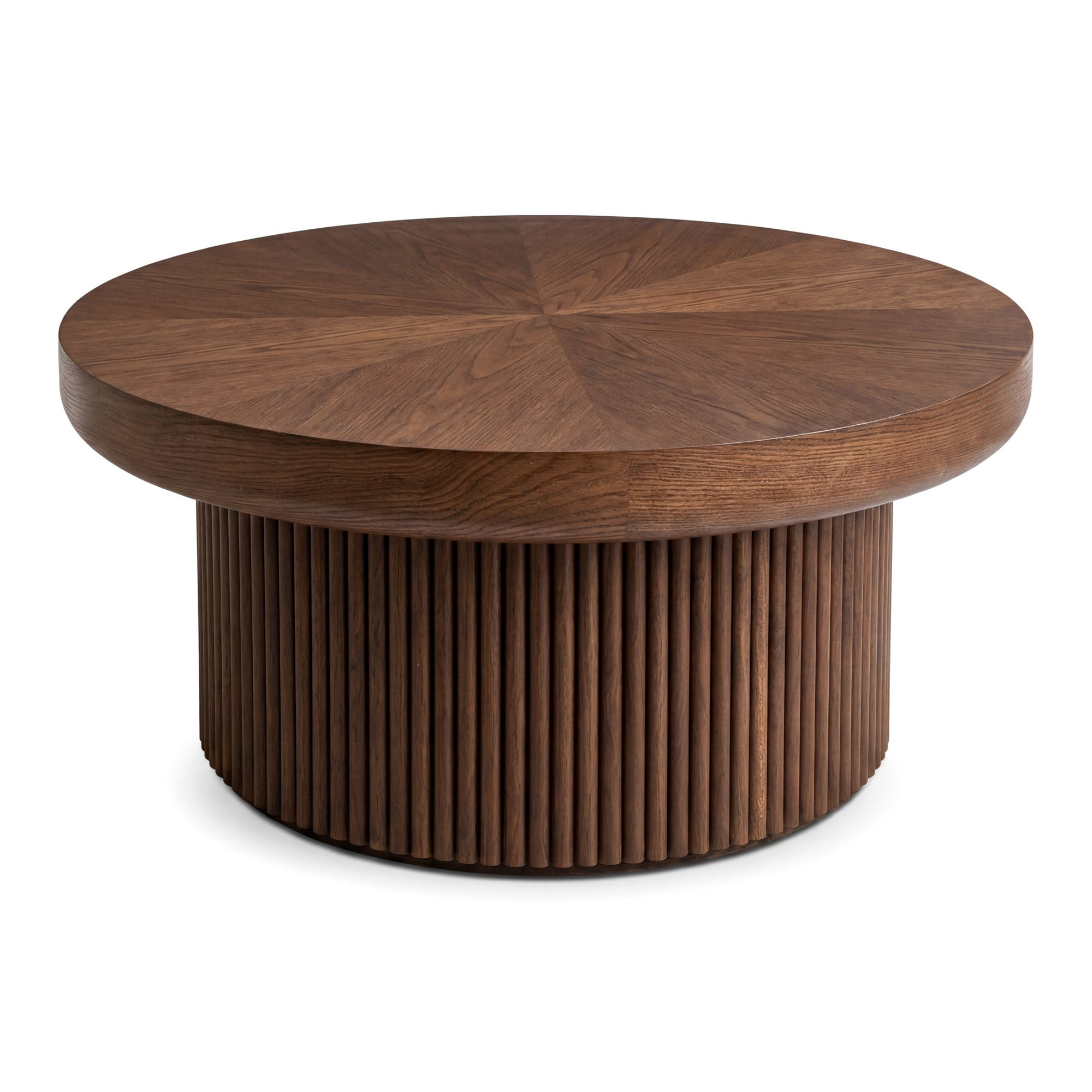 33.46'' Round Coffee Table with Fluted Cylindrical Base, Ash Wood End Table with Thickened Tabletop, Modern Cocktail Table