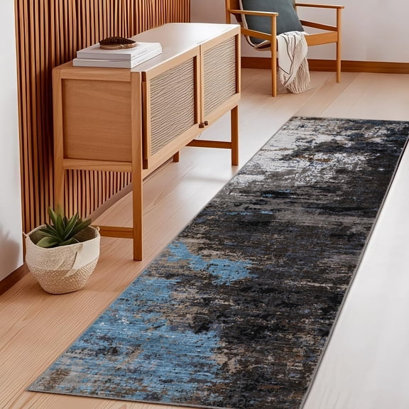 2x6ft Grey Brown Abstract Washable Runner Rug, Non Slip Low Pile Colorful Floor Carpet for Bedroom Living Room Home Decor