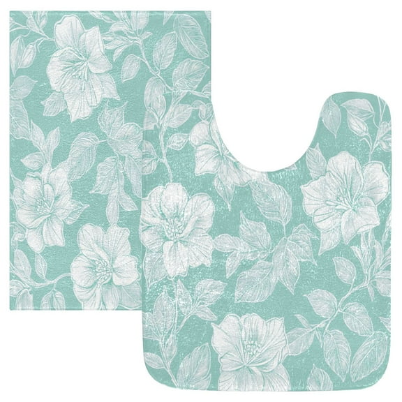 2 Piece Soft Bathroom Rug Set White Line Art Floral Bath Mat and U-Shaped Toilet Contour Rug (16"x24" 20"x24")