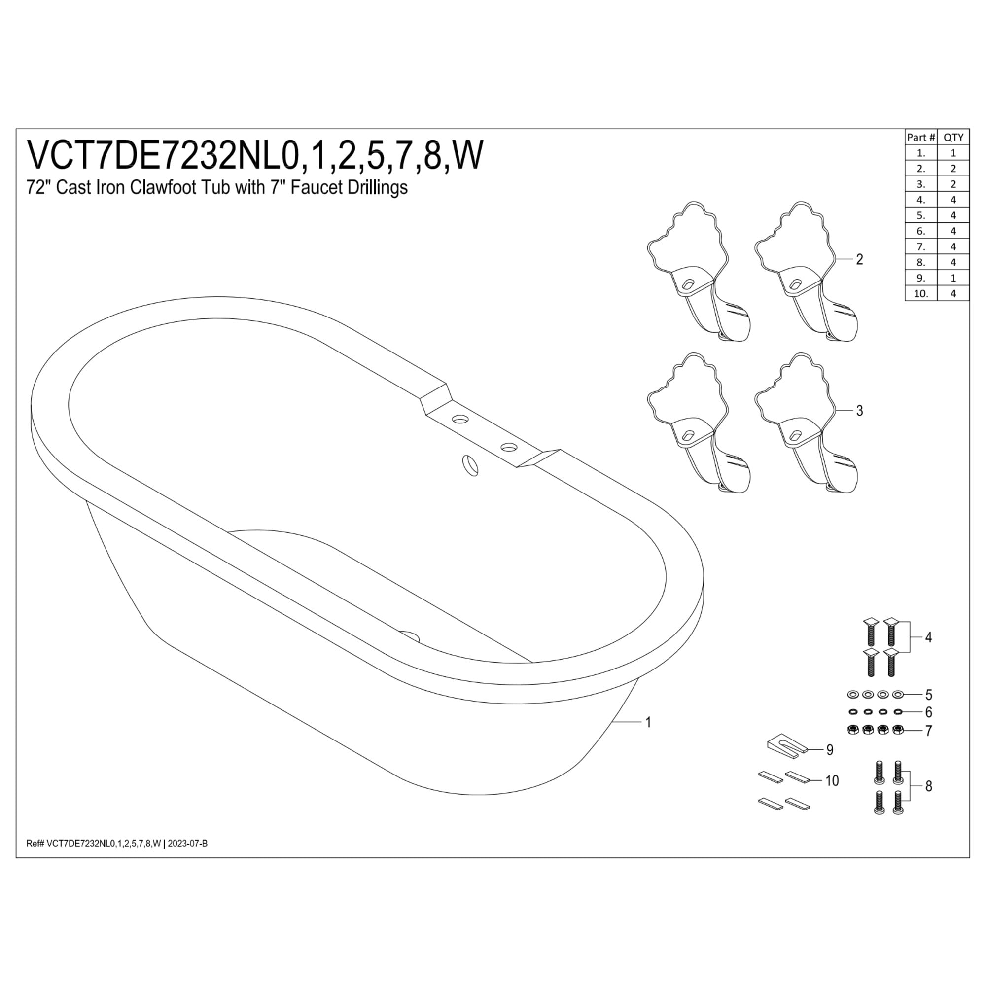 Aqua Eden VCT7DE7232NL7 72-Inch Cast Iron Oval Double Ended Clawfoot Tub (7-Inch Faucet Drillings) in White/Brushed Brass
