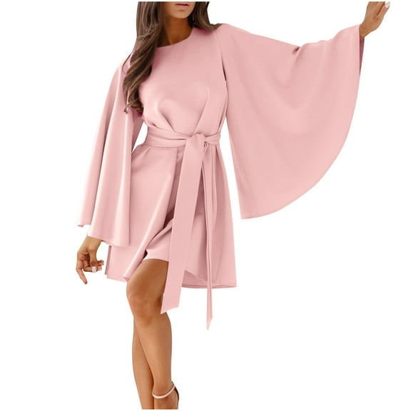 Yuaqua Mini Dresses for Women Bell Long Sleeve Crew Neck Tie Waist Business Casual Work Dress Cocktail Party Short Dress(Pink,X-Large)