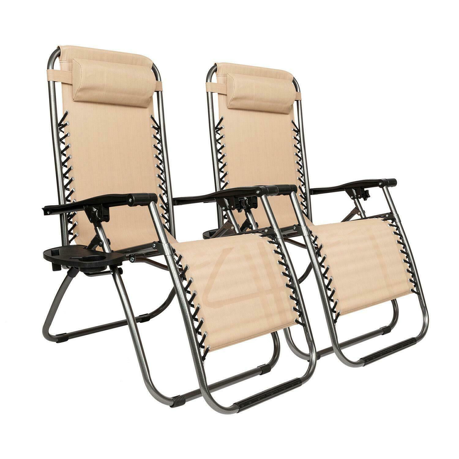 2 Folding Zero Gravity Reclining Lounge Chairs+Utility Tray Outdoor Beach Patio 