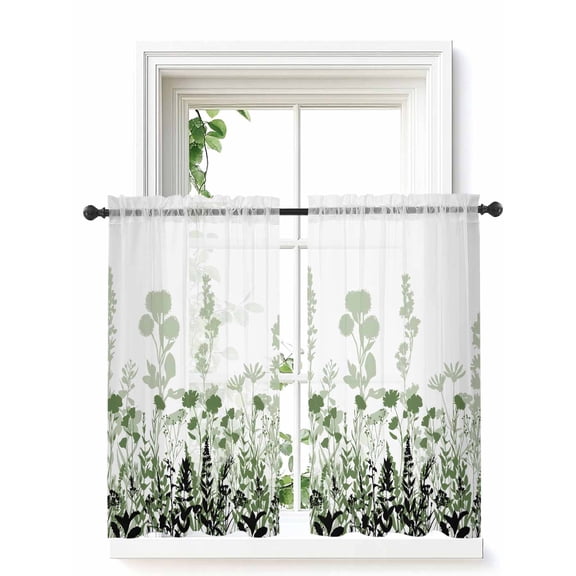 Green Floral Tier Curtains 45 Inch Length,Sheer Curtains for Bedroom Living Room,Spring Flowers Herb Silhouette Farmhouse Rod Pocket Voile Drapes Kitchen Curtains for Small Window 27.5"x45" 2 Panels