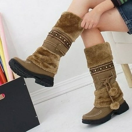 

Retro Women Hairball High Heels Slip-On Keep Warm Middle Tube Snow Booties Round Toe Shoes