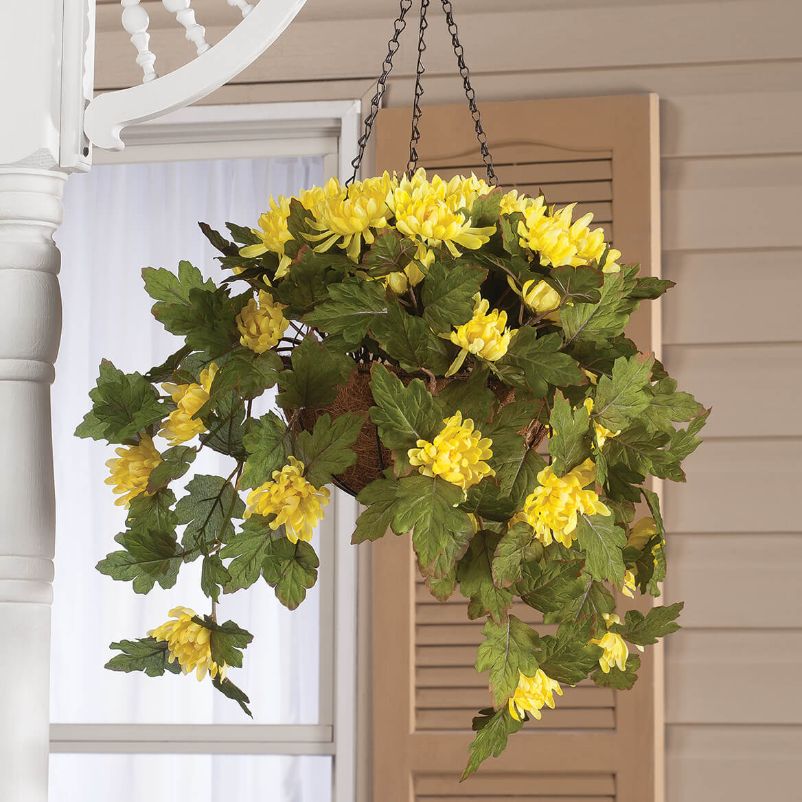 OakRidge Fully Assembled Artificial Mum Hanging Basket, Yellow, 10” Diameter with 18” Long Chain – Polyester/Plastic Flowers in Metal/Coco Fiber Liner Basket for Indoor/Outdoor Use - image 2 of 2