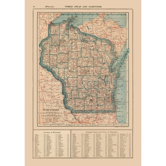 Historic State Map - Wisconsin - Poates 1921 - 23 x 32.77 - Vintage Wall Art