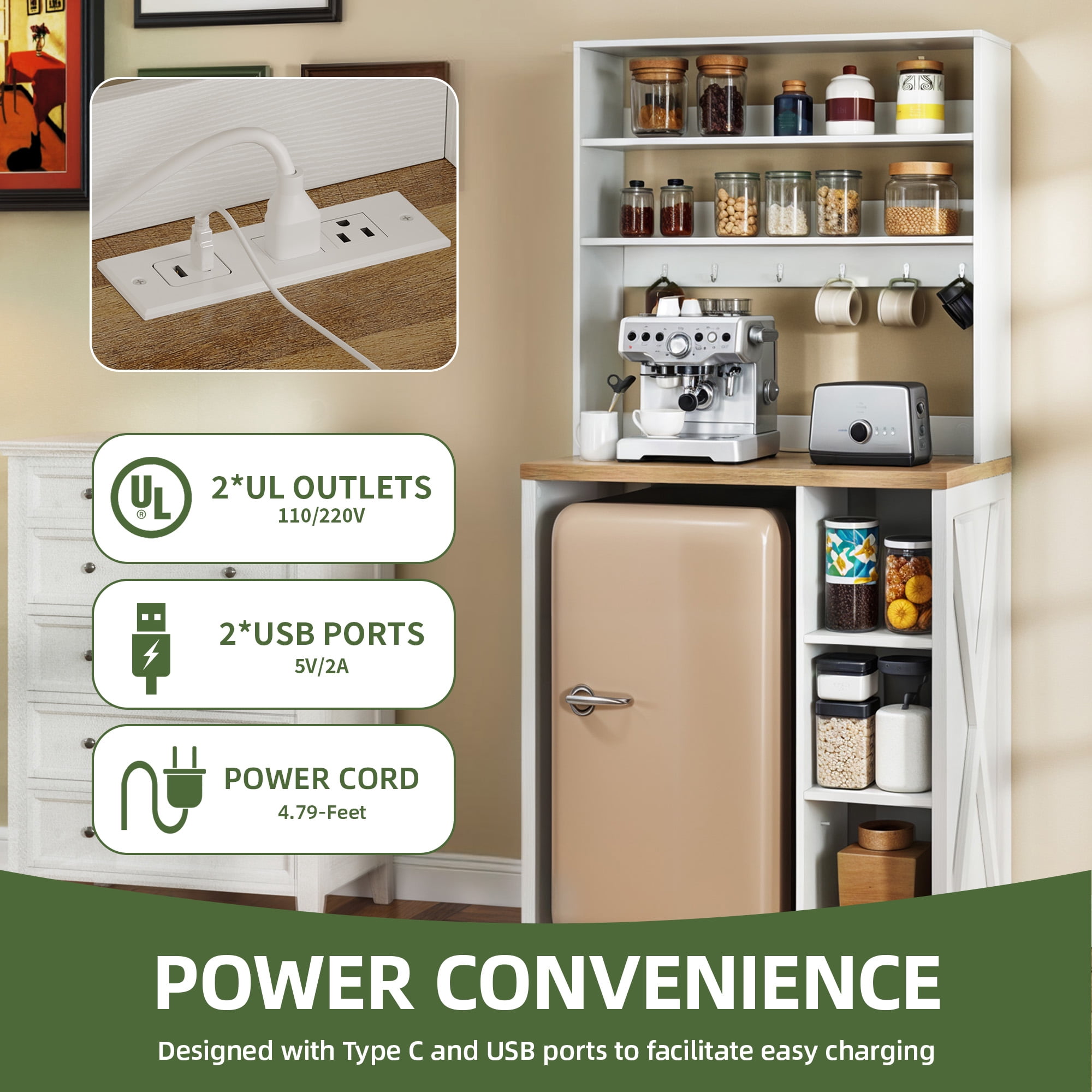 Uforic 6-Tier Kitchen Bakers Rack with Power Outlets & Hooks, Mini Fridge Microwave Stand, White